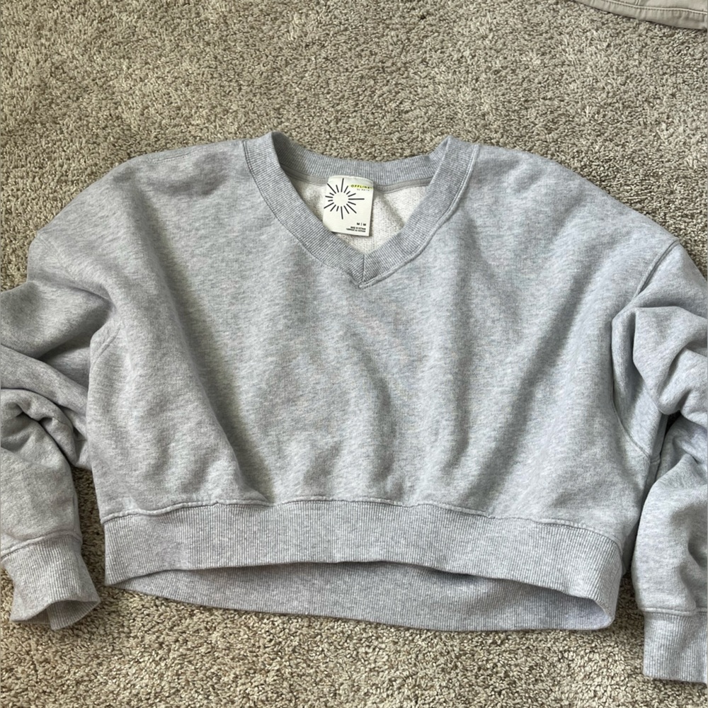 Offline by Aerie Gray V-Neck Sweatshirt